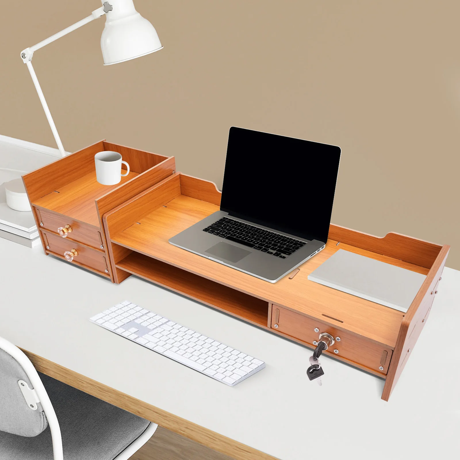 Wooden Desk Organizer with Drawers Office Supplies Computer Desktop Tabletop