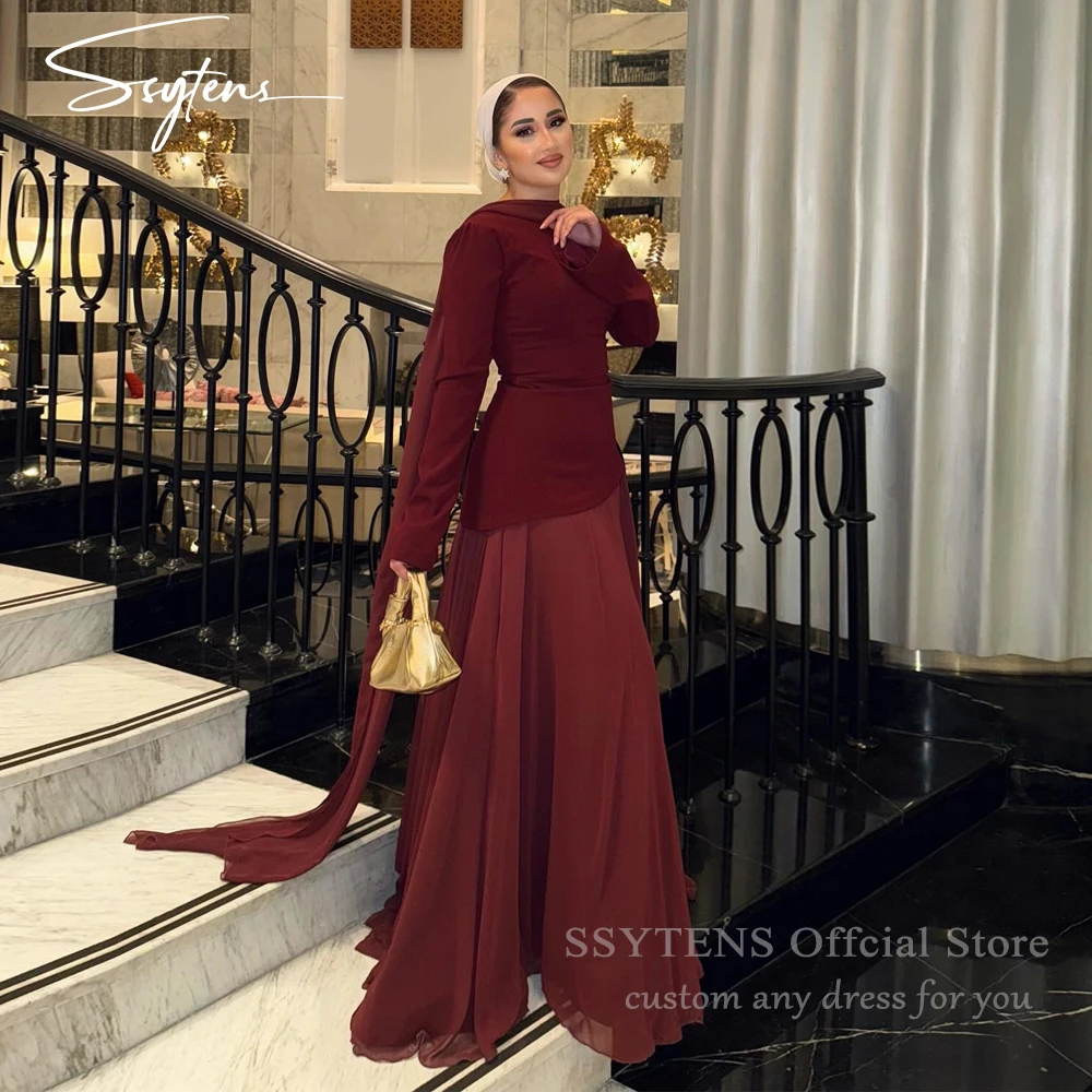 

SSYTENS мусульманские скромные вечерние платья бордовое платье для выпускного вечера с длинными рукавами и накидкой Дубай женское элегантное вечернее платье Csutomized