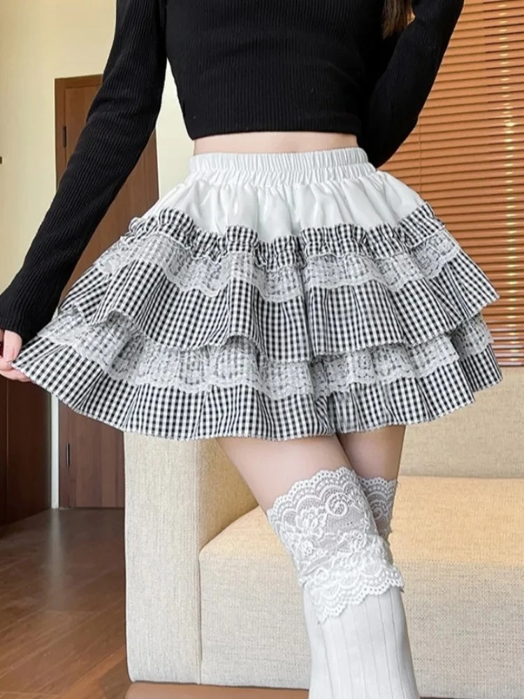 

Contrast Color Plaid Cake Mini Skirt Women's Summer Student Sweet and Cute Girls Versatile Elastic Waist Lace Short Skirts
