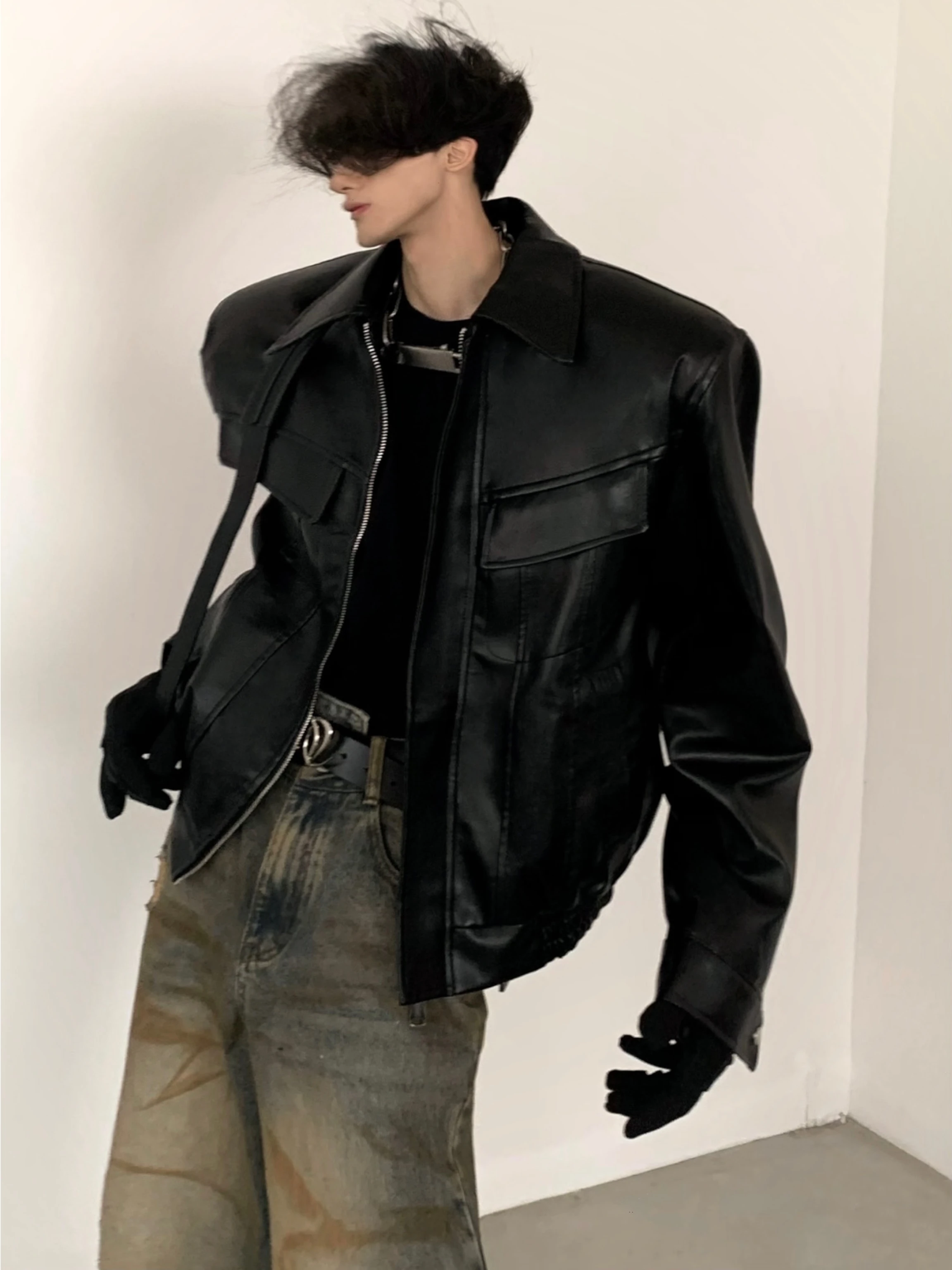 Autumn Mountain Wind Original American Retro Brown Leather Jacket Men's Short Motorcycle Padded Shoulder Design Casual Fashion