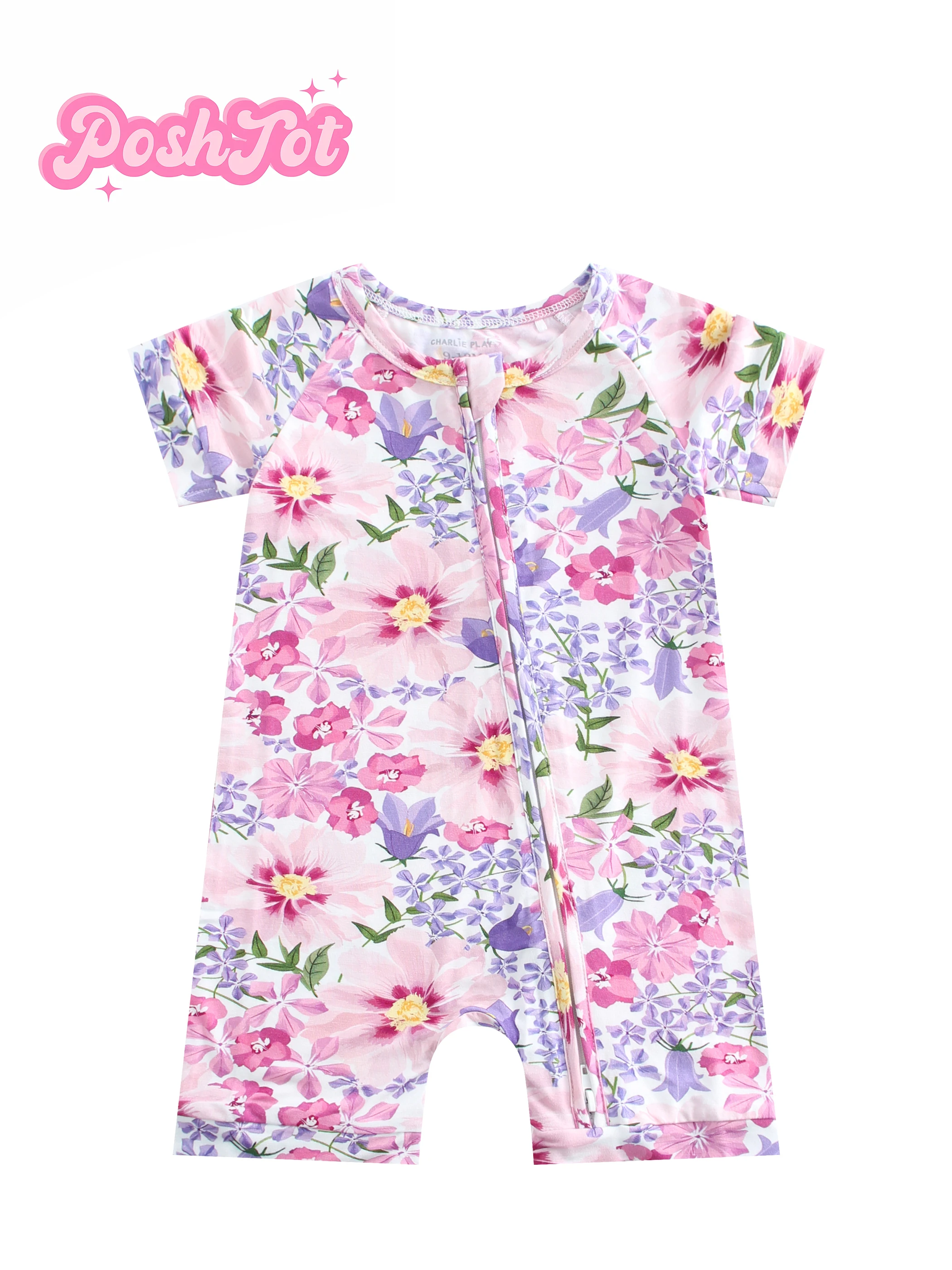 POSHTOT Purple flower bamboo fiber baby short sleeve. Baby pajamas two-way zipper 0-2 years romper.   Baby jumpsuit.