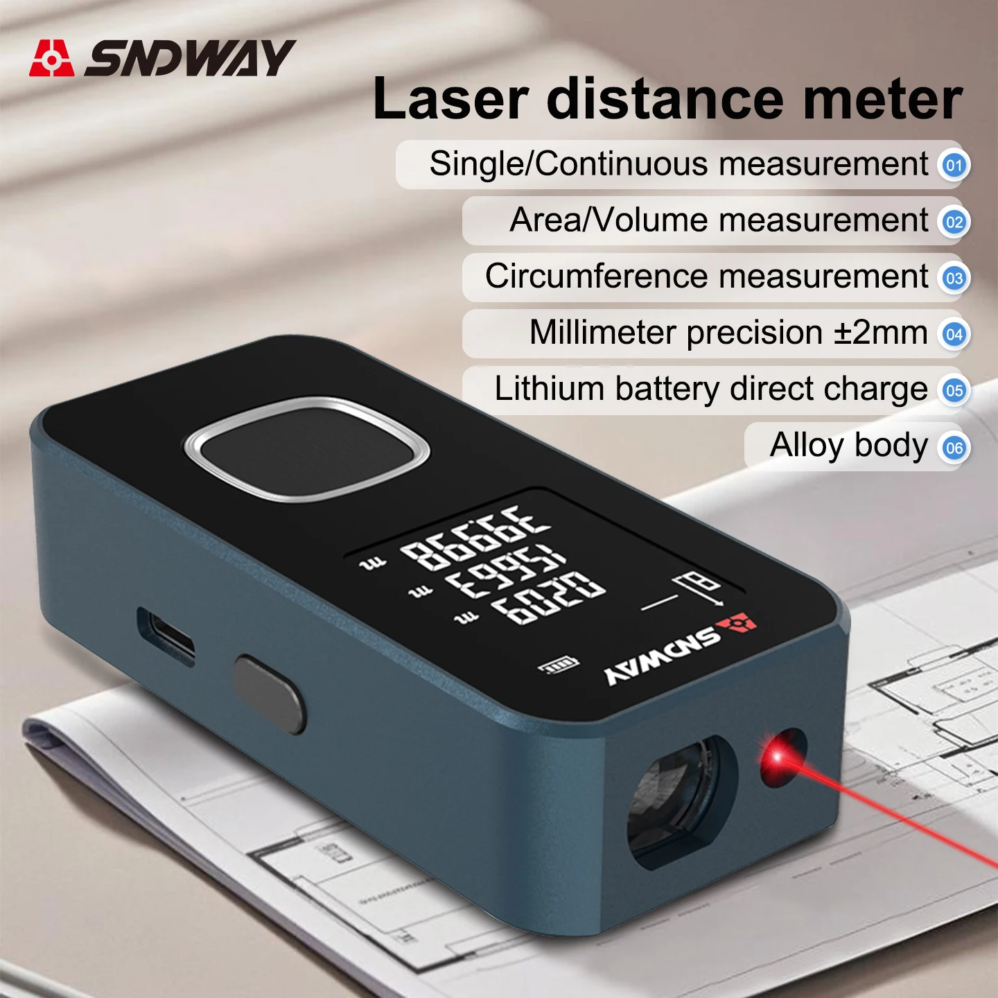 SNDWAY Laser Distance Meter 40M/60M ±2mm Accuracy USB-C Rechargeable Portable Handheld Laser Rangefinder Measure Tool