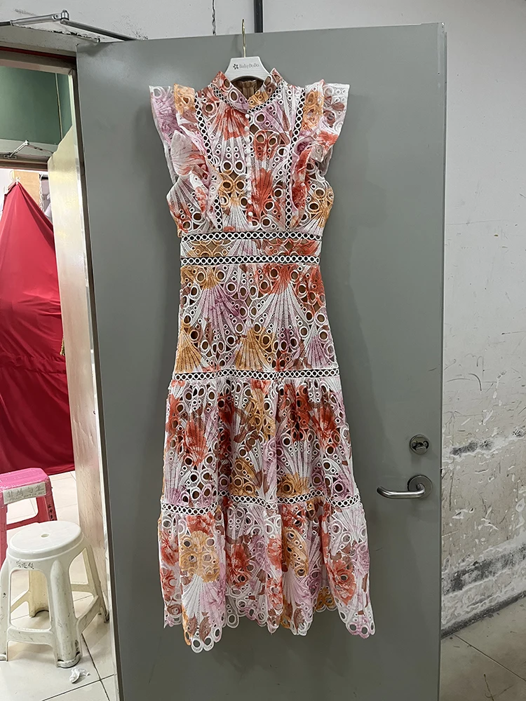 VGH-Robe élégante évidée pour femme, col rond, manches volantes, taille haute, patchwork, fermeture éclair, robes pliées pour femme, document Hit