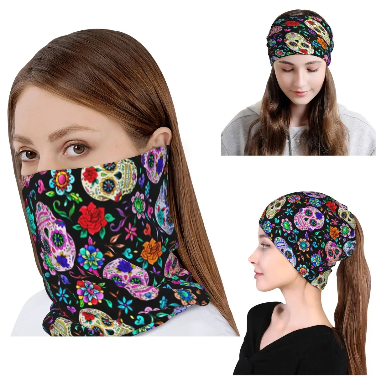 Sugar Skull Mexican Flower Halloween Day Of The Dead Bandana Neck Cover Mask Scarf Face Mask Beanies Hat for Adult All Season