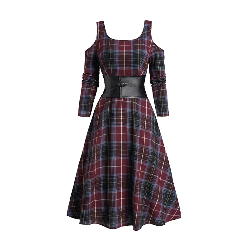 

2024 Womens Dresses Plaid Print Cold Shoulder Belted Midi Dress Long Sleeve High Waist Dress Sping Fall A Line Dresses