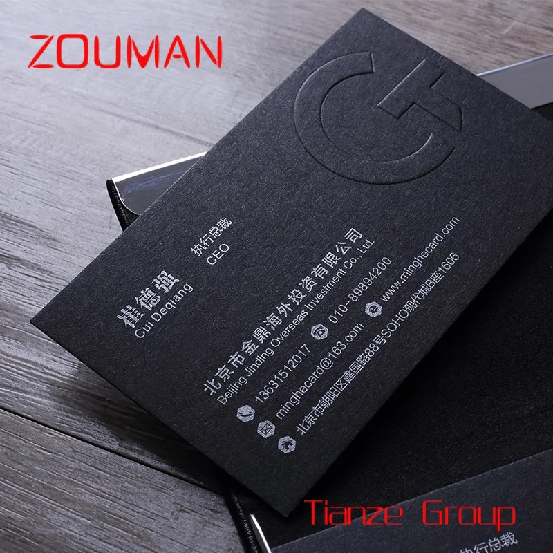 Tarjeta de visita de diseño personalizado, tarjeta de visita en relieve negro de lujo, papel de estampado de lámina dorada impresa, tarjetas de papel con logotipo propio