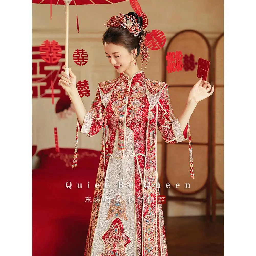 New Chinese Style Engagement Banquet Dress Bride's Toast Dress Cheongsam 2024 New Wedding Dress High-end Beading Dress