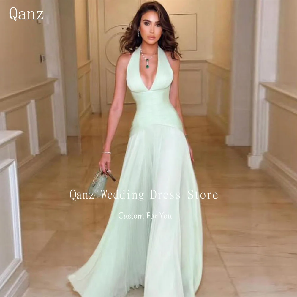

Qanz Саудовская Аравия Вечерние платья Женские мятно-зеленые вечерние платья с глубоким V-образным вырезом Элегантные платья для особых мероприятий по индивидуальному заказу