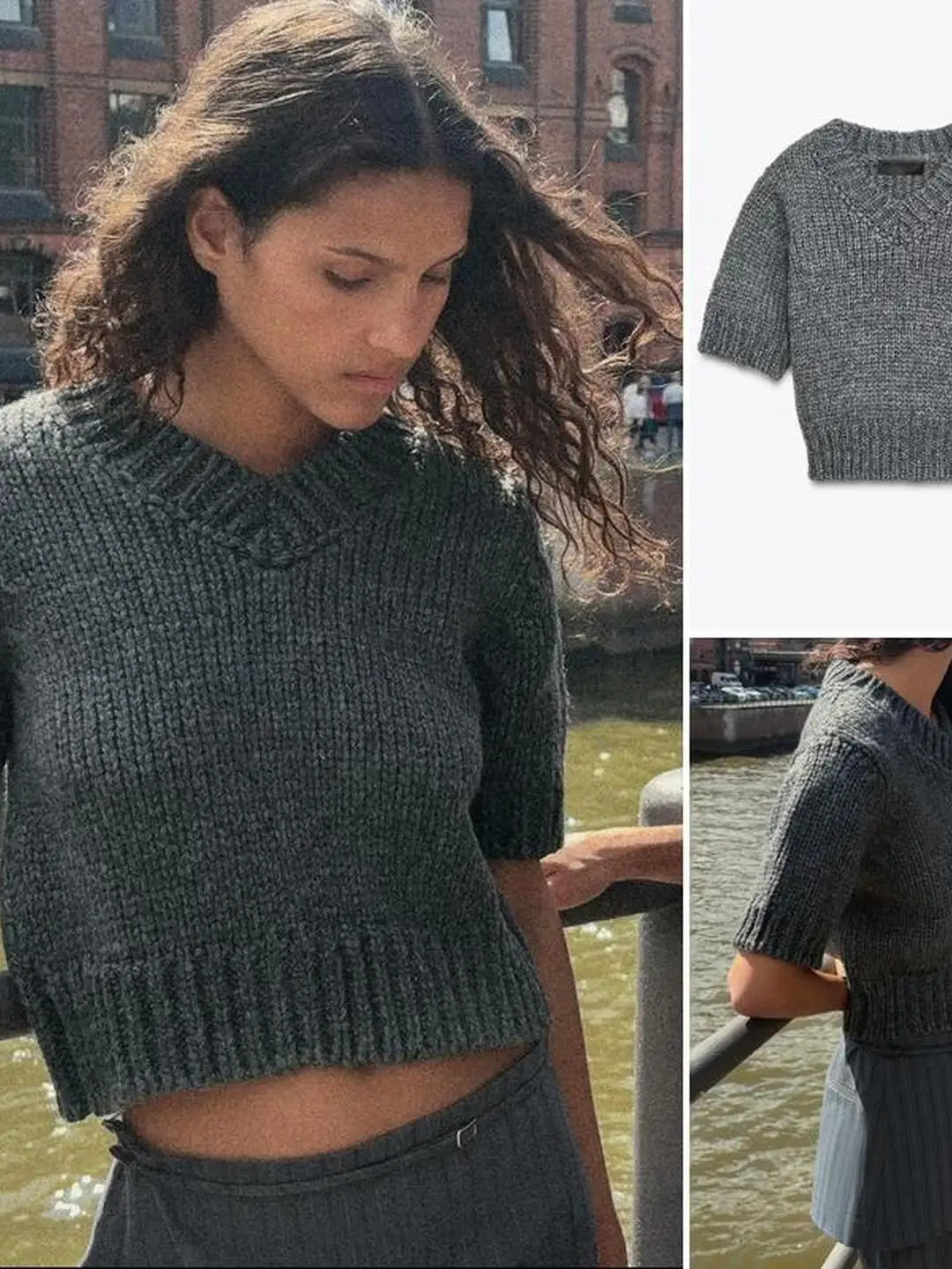 Swobodny sweter z dekoltem w serek, dzianina prążkowana, wczesna jesień, rekreacja, uniwersalny, do pracy, magazyn, długość do połowy uda.