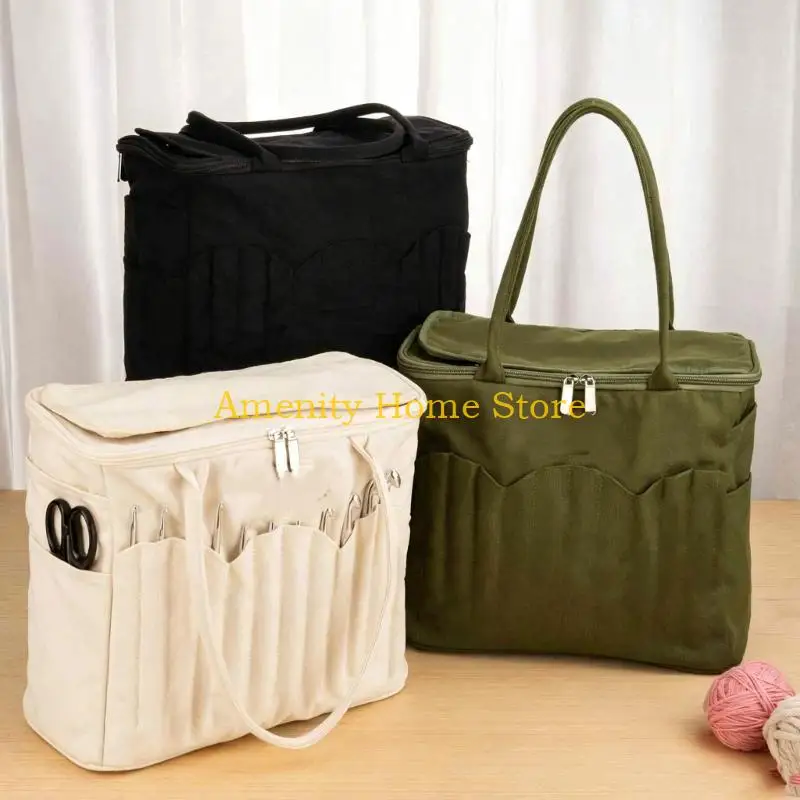F26C Crochet Storage Bag for Home and Travel, Portable Knitting Project Bag with 7 Top Eyelets, Multiple Storage Pockets