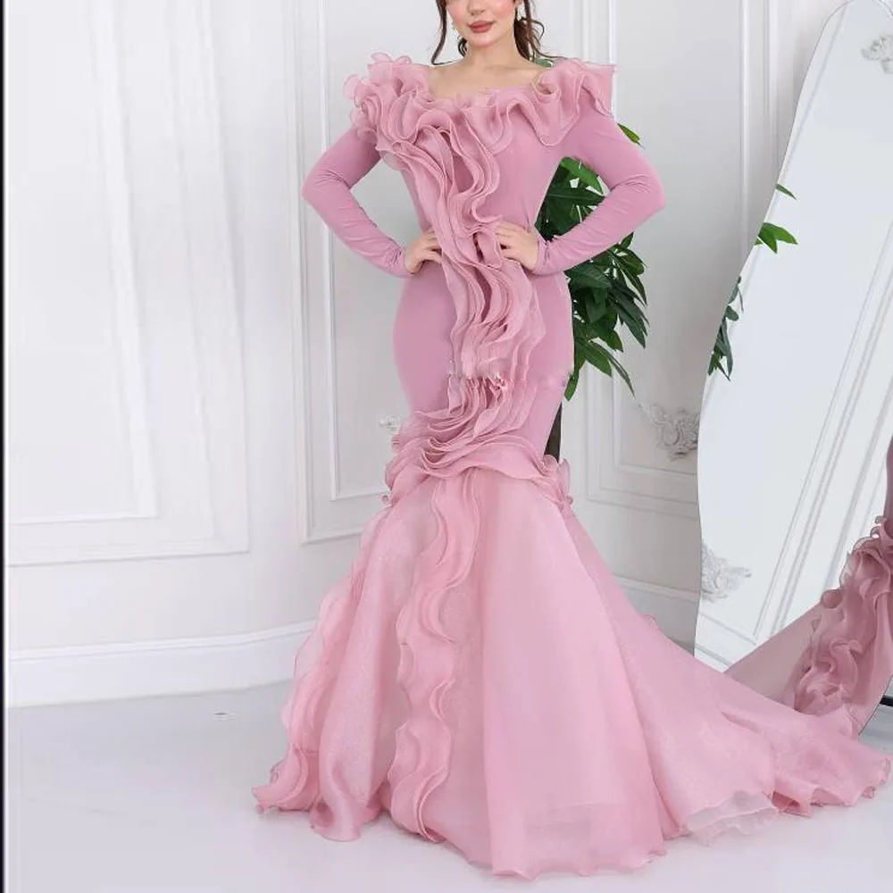 Maßgeschneidertes Abendkleid im Meerjungfrau-Stil mit Rüschen, Varaxima – Verlobungskleid mit V-Ausschnitt und langen Ärmeln