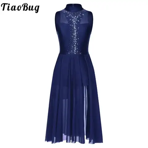 Damklänning med strass, ärmlös, transparent mesh, balettdräkt, modern lyrisk dans, kostymer 6 best sales isdansklänning - №1