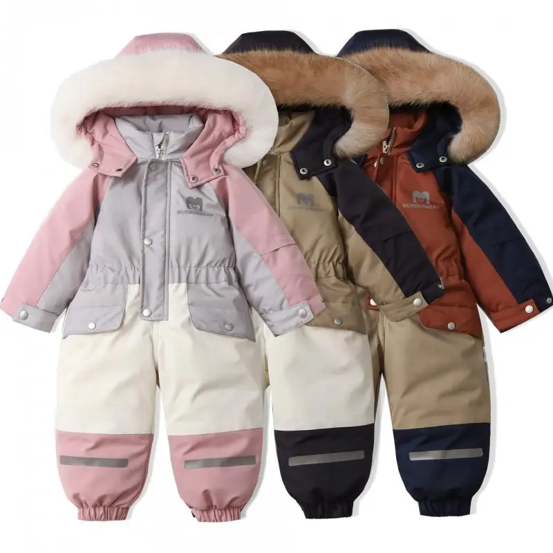 Winter Boys and Girls New Plush and Thick Color Blocking Teddy Bear Print Fashionable and Cute Shipping Jumpsuit