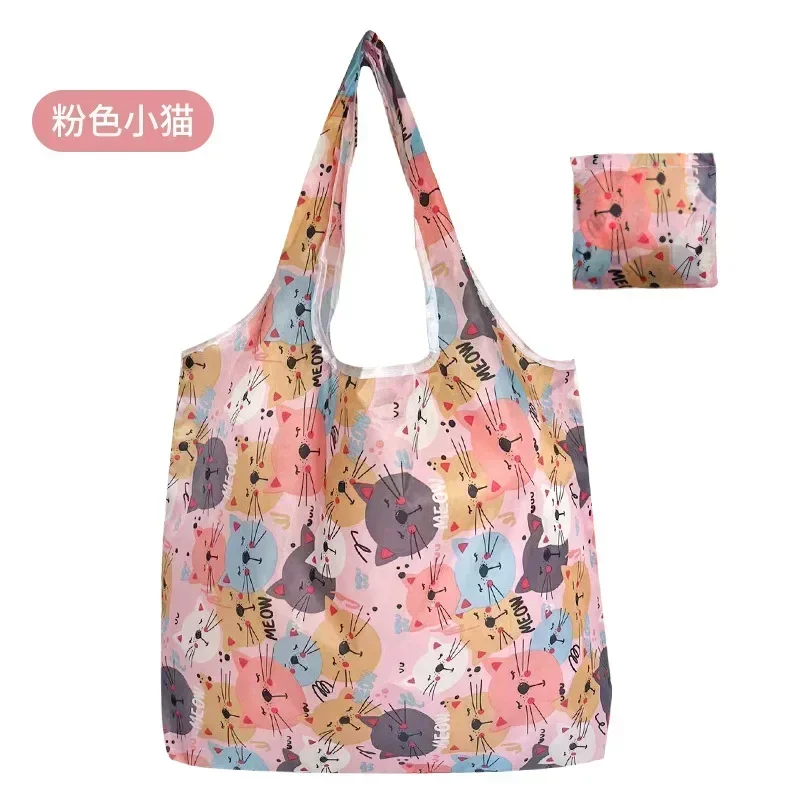 Pink Blue Grey Cute Cat Reusable Shopping Bag Nylon Foldable Grocery Bag Creative Eco-Friendly Tote Bag Lightweight and Durable