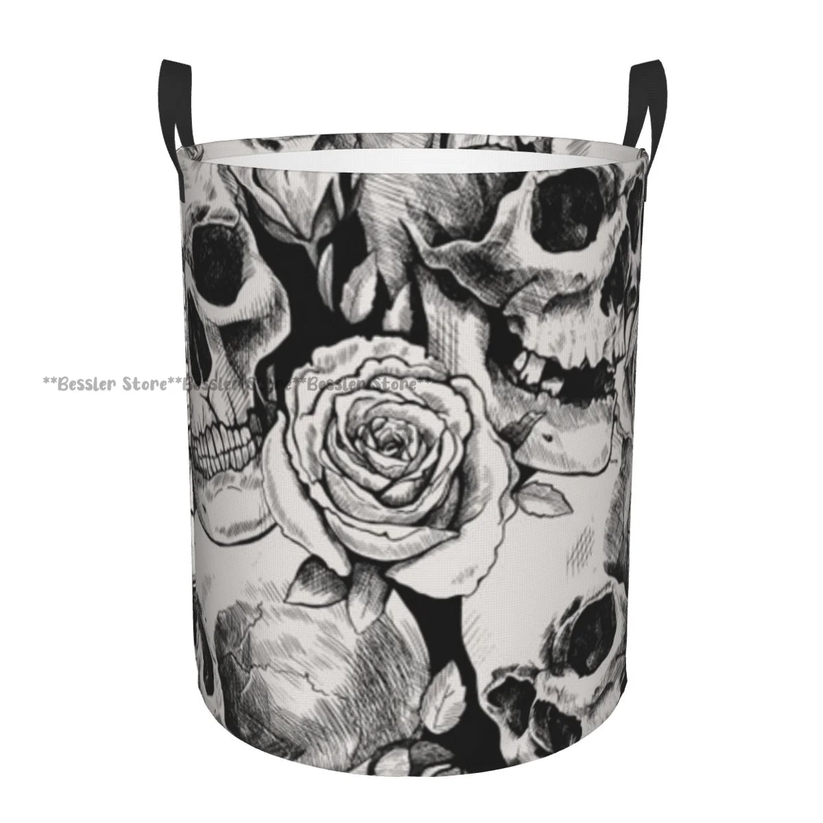 Laundry Basket Hand Drawn Human Skulls And Rose Flowers Folding Dirty Clothes Toys Storage Bucket Household