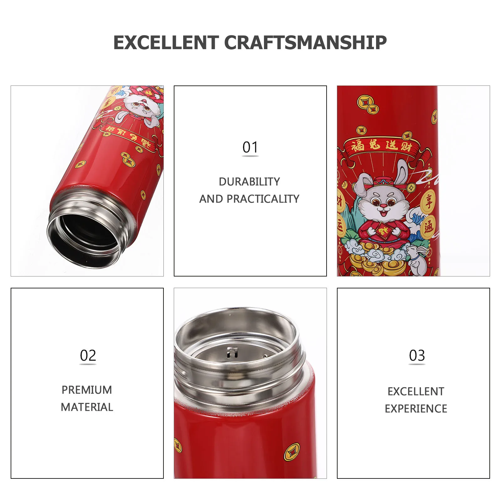 

Stainless Steel Insulated Water Bottle Year Rabbit Gift Vacuum Leak Temperature Indicator Cup