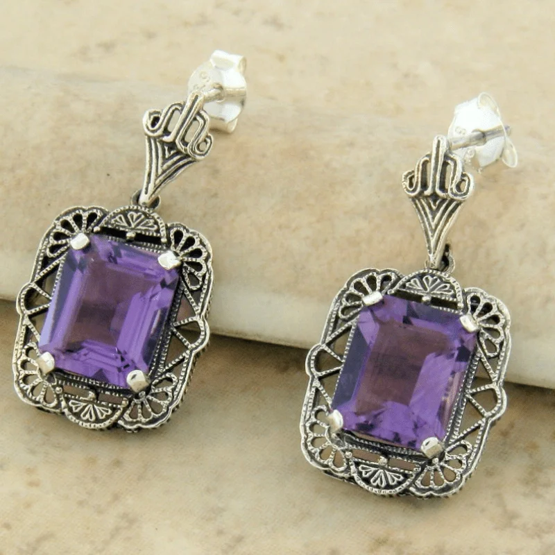 Vintage Palace Pattern Charm Amethyst Large Stone Dangle Earrings Women\'s Fashion Elegant Party Accessories Holiday Jewelry Gift