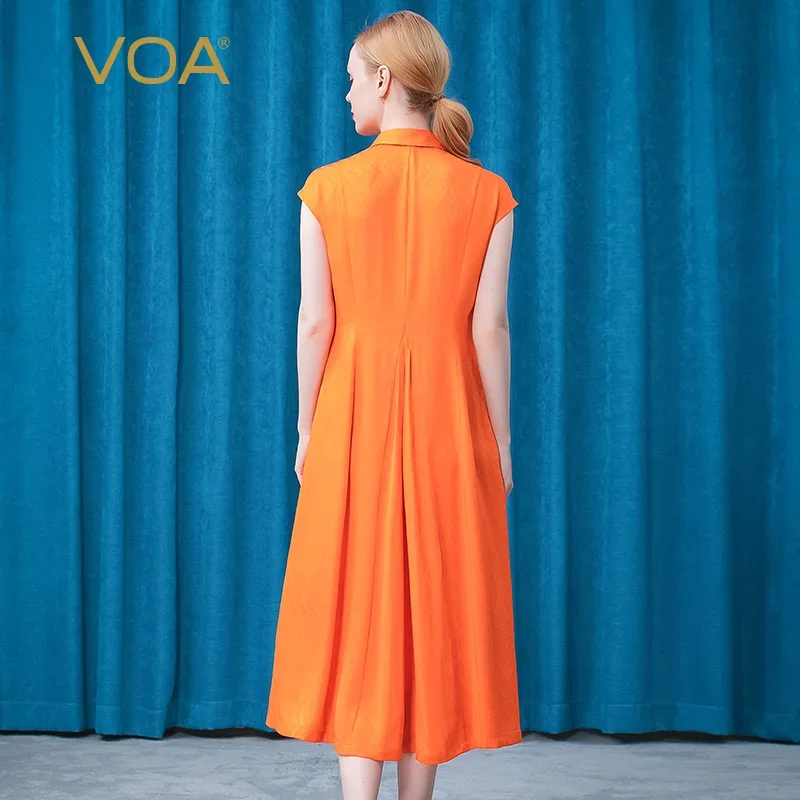 VOA Orange Silk 22m/m Dark Jacquard Bag Rotator Cuff Straight Tube Loose Pleat Design POLO Collar Shirt Dress Summer 2022 AE738