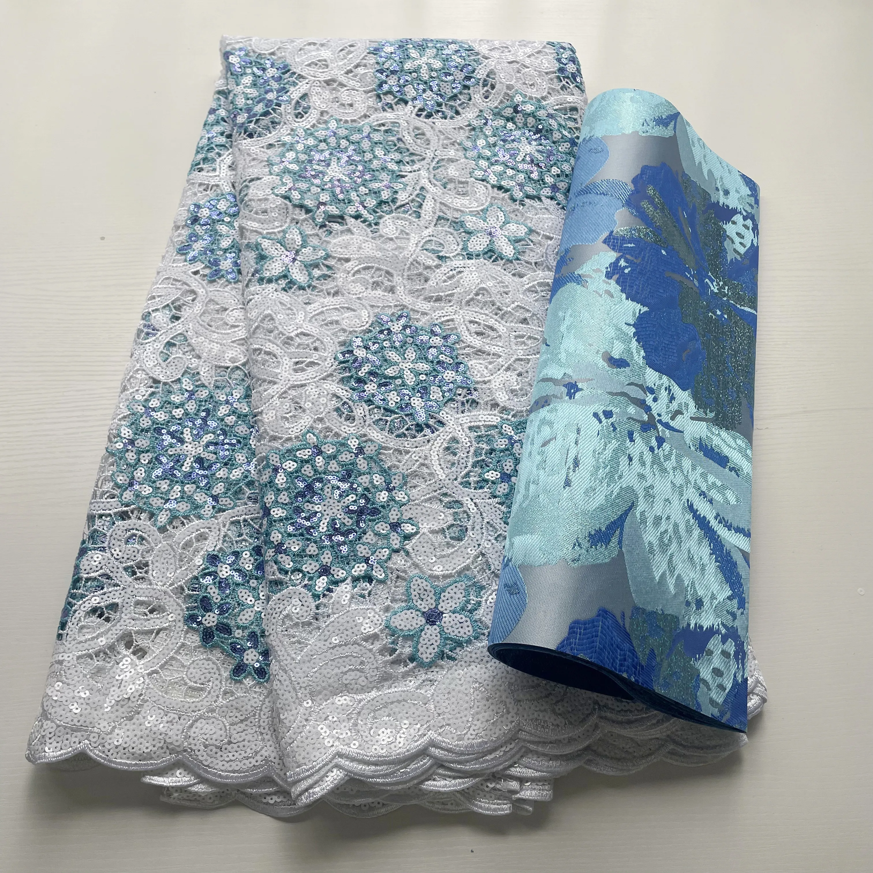 Luxury Nigerian Sequins Lace Fabric Highest Quality African Guipure Tulle Lace Material 5Yards With Matching Sego Headtie 2PCS