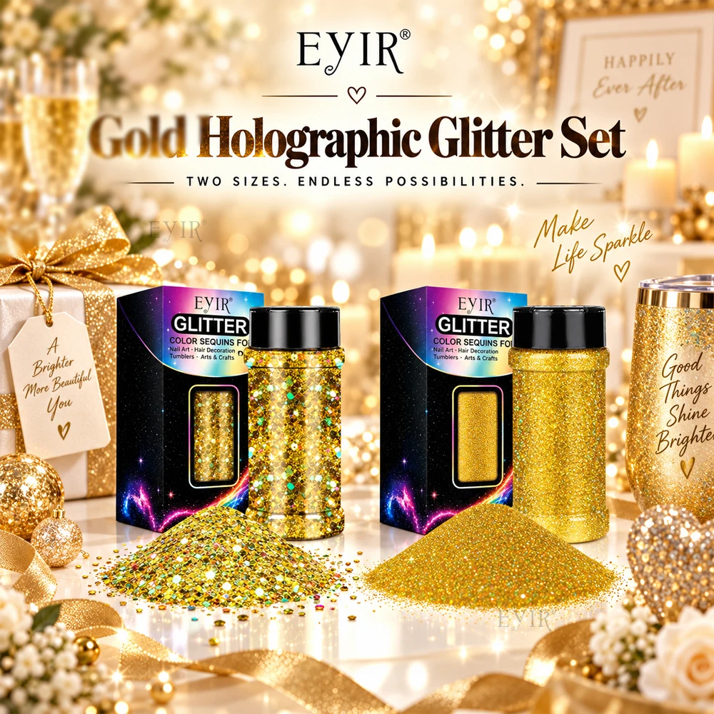 EYIR Gold Holographic Glitter 130g Set 50g Chunky 80g Fine Glitter for Epoxy Resin Tumblers Nail Art DIY Crafts Decoration