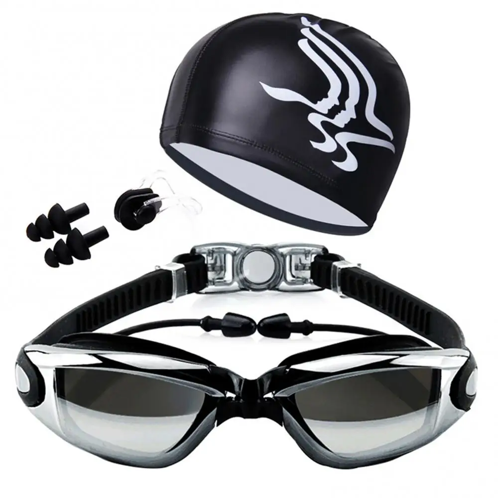 Swim Goggles With Hat Ear Plug Nose Clip Suit Anti fog UV Comfortable Adjustable Waterproof Swim Glasses 수경모