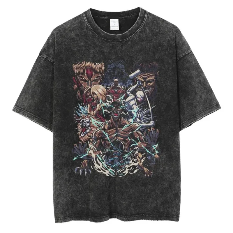 

Attack on Titan Nine Titans Rampage Blue Lightning Acid Wash Oversized Black T-Shirt 2026 Summer Streetwear Anime Graphic Tee