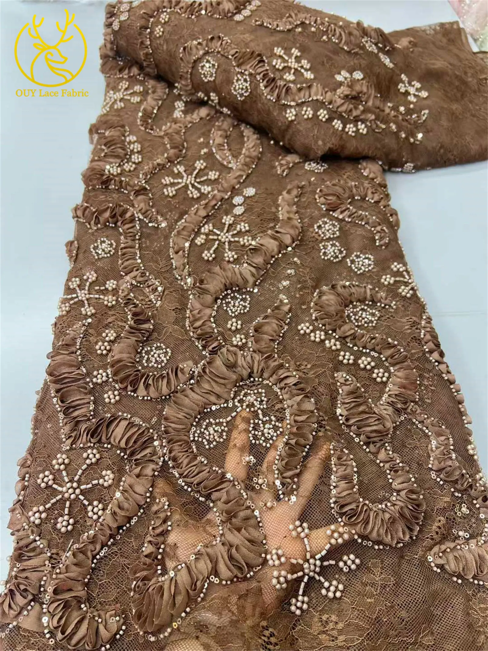 Goldgelber afrikanischer 3D-Spitzenstoff 2026 Hochwertiger nigerianischer Mesh-Perlen-Pailletten-Spitzenstoff für Frauen, Party, Hochzeitskleider – Detail 8