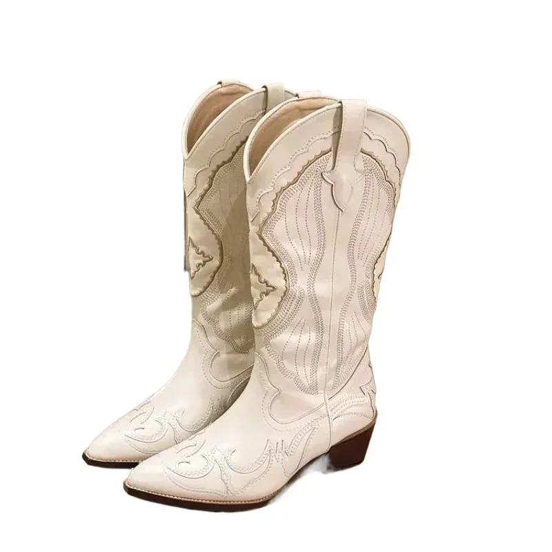 

Vintage Square Head Thick Heel Cowboy Boot for Women Embroidered Western Cowboy Boots Side Zipper Shoes Autumn Pointed Boots