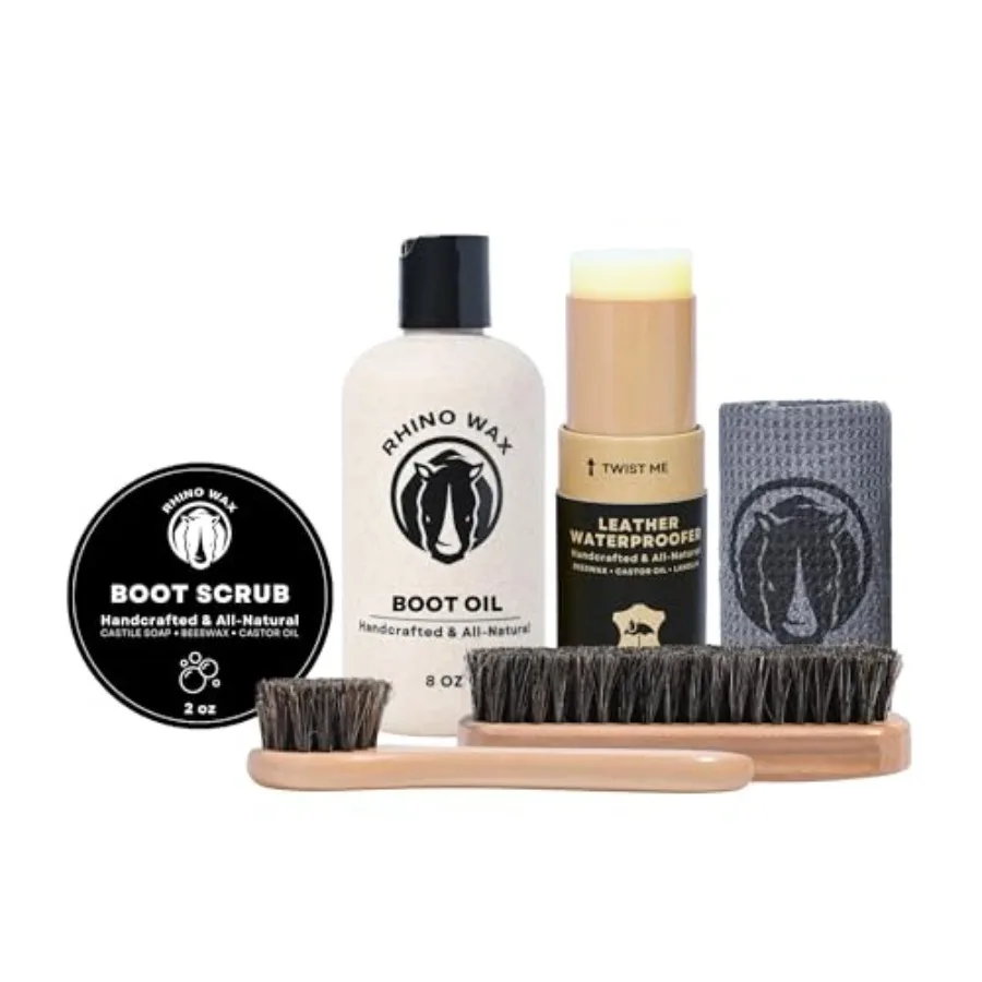 Leather Boot Care Kit - Made in USA t China - Boot Oil Waterproofer Cleaning Scrub for Boots (Like Saddle Soap) Brushes and Clo