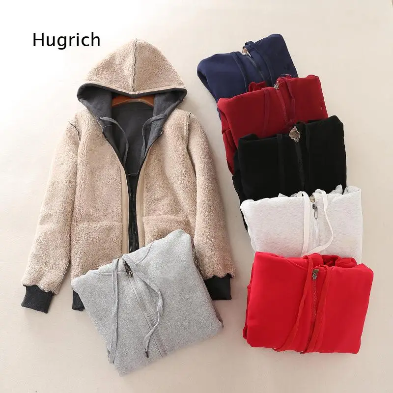 Women Lamb Fleece Lined Hooded Sweatshirt Solid Color Warm Thickened Zip Up Cardigan Jacket Plus Size Autumn Winter Outerwear
