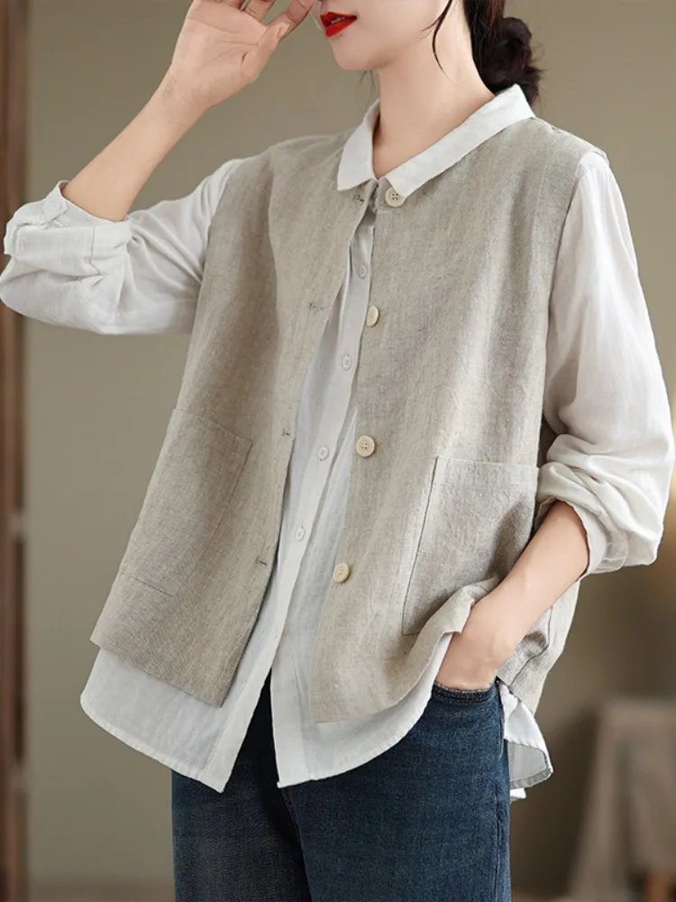 

High-End Linen Sleeveless Vest Women's round Neck Casual Cotton Linen Layering Top Commute Style Button Detail Cotton