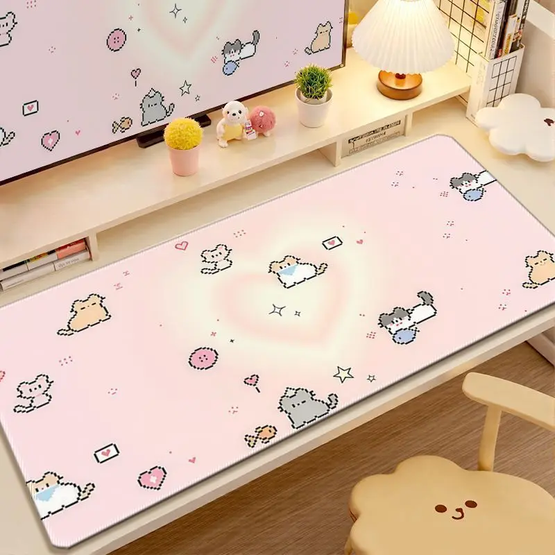 Kawaii Cartoon Pixel Kitten Mousepad Large XXL PU Leather Table Desktop Mat Office Gamer Computer Speed Type Carpet Keyboard Pad