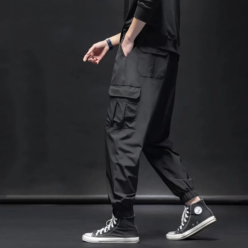 Summer Solid Color Ice Silk Large Pocket Men's Cargo Pants Classic Waist Drawstring Loose Tie One's Feet Street Casual Trousers