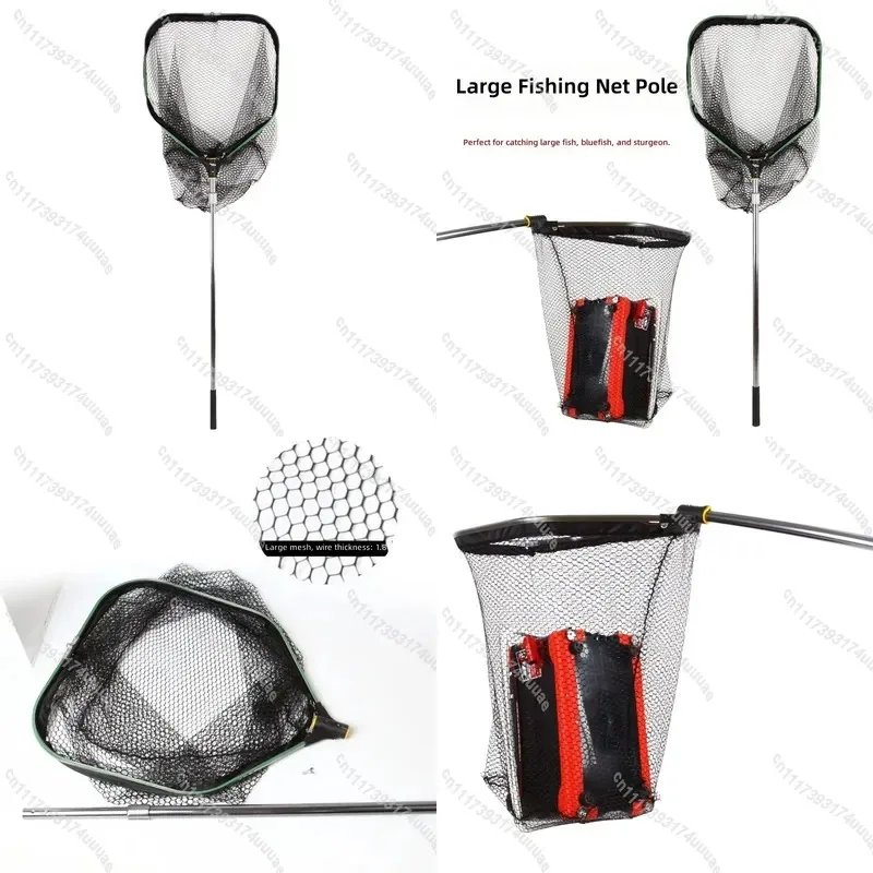 Large Folding Landing Net Telescopic Aluminum Alloy Handle Pocket Size Heavy Duty Fish Catcher for Herring Sturgeon Fishing
