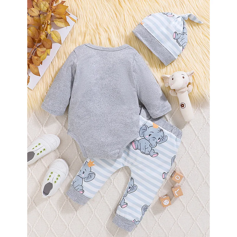 EWODOS Baby 3Pcs Fall Outfits Long Sleeve Elephant Print Romper + Pants + Hat Set Infant Baby Autumn Clothes for Children Pajama