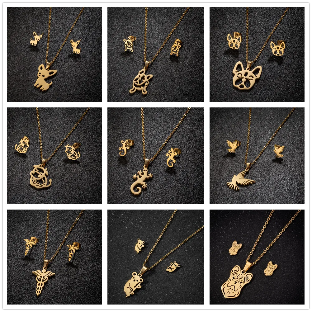 Niedlicher Hund Chihuahua Hochzeit Braut Schmuckset Liebe mein Haustier Tier Edelstahl Ohrringe und Halskette Party Geschenk Joyas Mujer