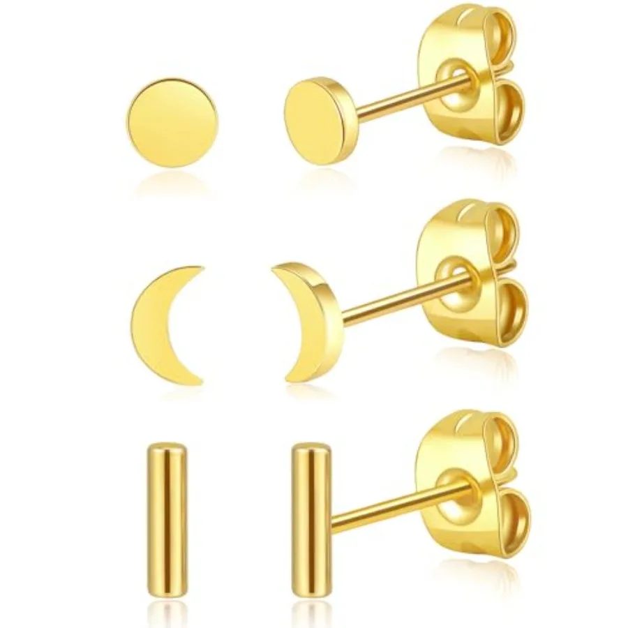 

BLISI 3 Pairs Titanium Gold Stud Earrings - Hypoallergenic Moon/Heart/Ball/Bar/Flat Disc Small Studs Earrings for Women Minimal