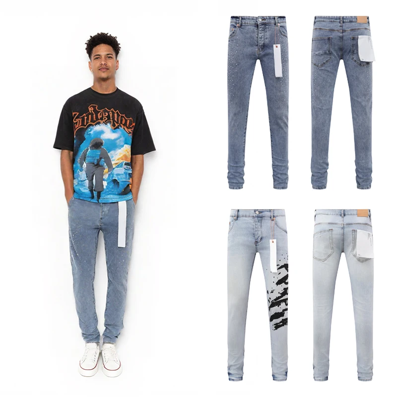

High Street Fashion Purple Jeans Straight Trousers Jeans with Rhinestones Denim Pants Man Printing Washing Blue Street Style New