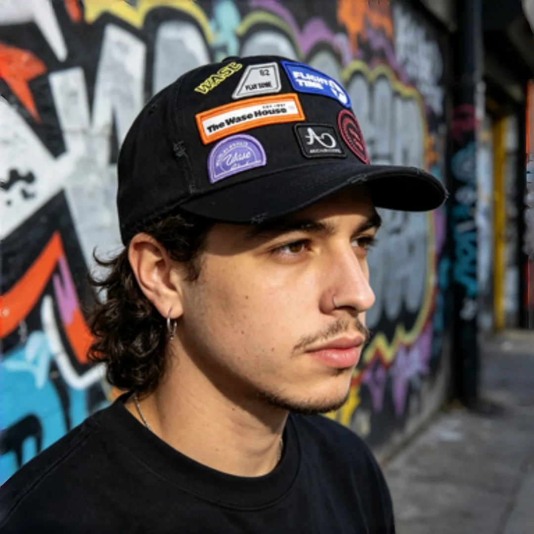 Czapka baseballowa z retro, wielokolorowym haftem naszywanym. Wyprana, postarzana bawełniana czapka typu trucker z naszywkami w stylu vintage. Moda uliczna w stylu retro