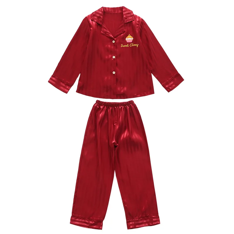 Girls Satin Pajama Set Button Down Silk Sleepwear with Cupcake Embroidery Kids Long Sleeve Loungewear Trousers 2-Piece Suit 2026