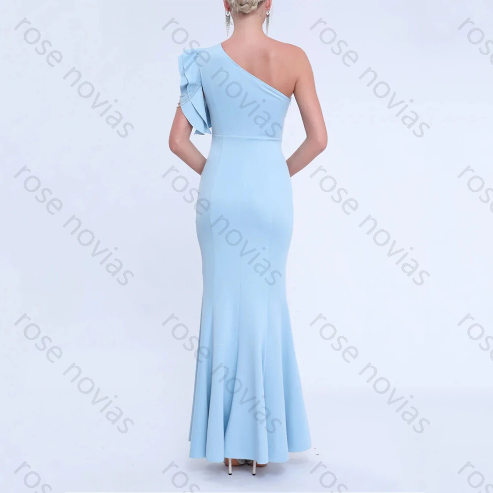 Hoge kwaliteit hemelsblauwe klassieke op maat gemaakte crêpe avondjurk één schouder zeemeermin prom vrouw voor vloerlengte applicaties kralen