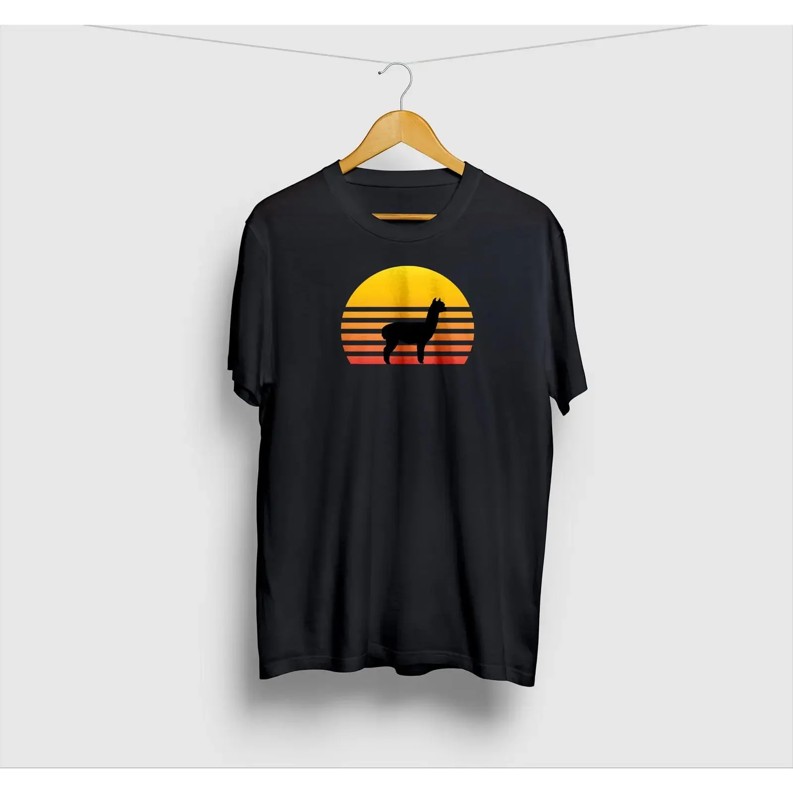 Retro Sunset Alpaka T-Shirt, lustiges Lama, Vintage-Look, gewaschene Optik, modisch, bequem, stilvoll, atmungsaktiv, Designerkleidung, Unisex.