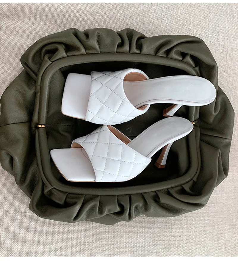 

Summer Women Mules Design Slippers Runway Sandals Square Toe High Heels Slides Luxury Design Genuine Leather Sandals Mujer
