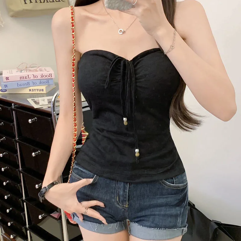Lady Strapless Top Floral Pattern Lace-up Halter Off Shoulder Fixed Chest Cushion Elasticity Slim Multiple Dressing Styles Top