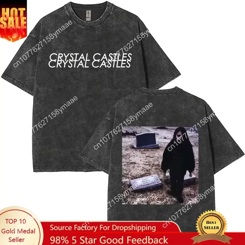 Washed Vintage Crystal Castles Music Album II Double Sided Print T-shirt Men Gothic Punk T Shirt Men's Oversized Cotton T-shirts