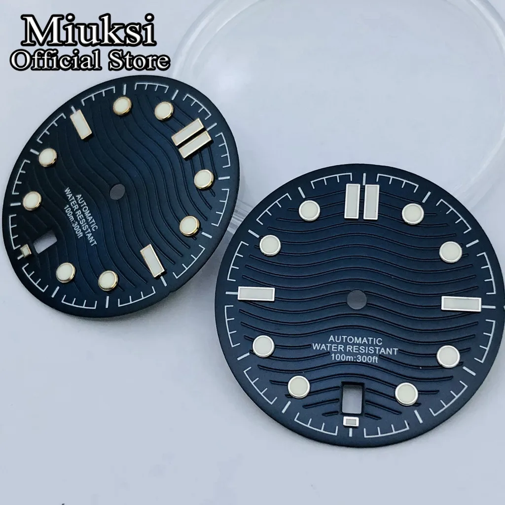 Miuksi 31mm black blue green silver watch dial 6 oclock date luminous fit NH35 movement