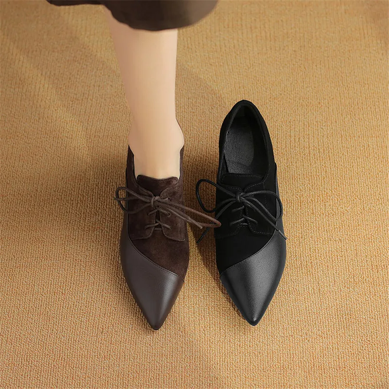 New Spring Autumn Genuine Leather Lace High Heels Women Pointed Toe Shoes for Women Comfort Women Pumps Zaptos Mujer Black Brown