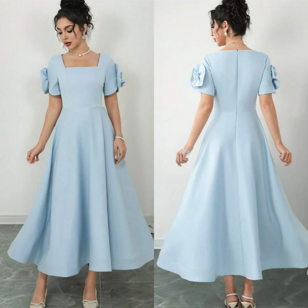 

Customized Elegant Light Blue Jersey Evening Dress Exquisite Square Collar Short Sleeves Zipper Back Special Occasion Gowns