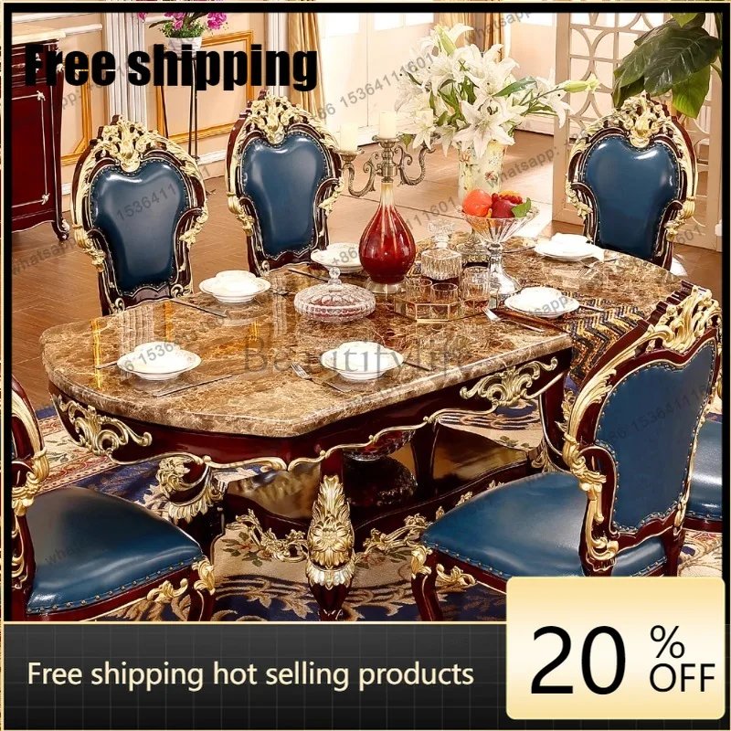 HJ 2.0 meters long dining table rainforest Fei marble surface oval dining table and chair combination