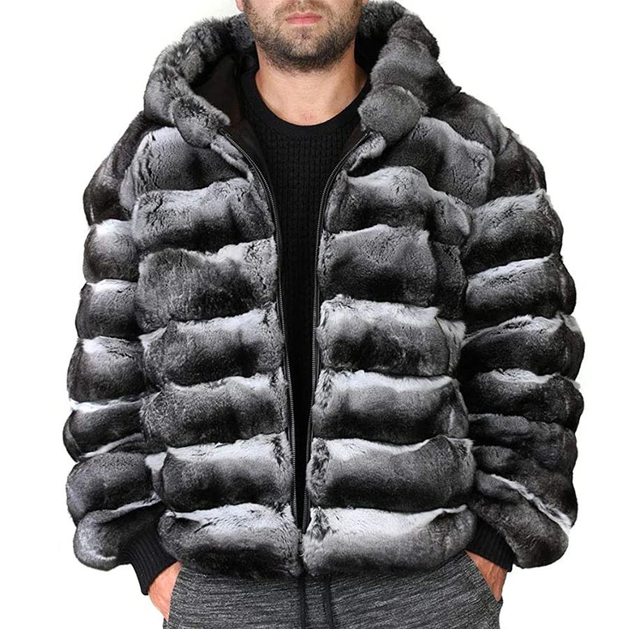 Fur Coat Men Fur Jacket Winter Fashion Hooded Warm Coat Real Rex Rabbit Fur Outwear Zipper Closure Customized